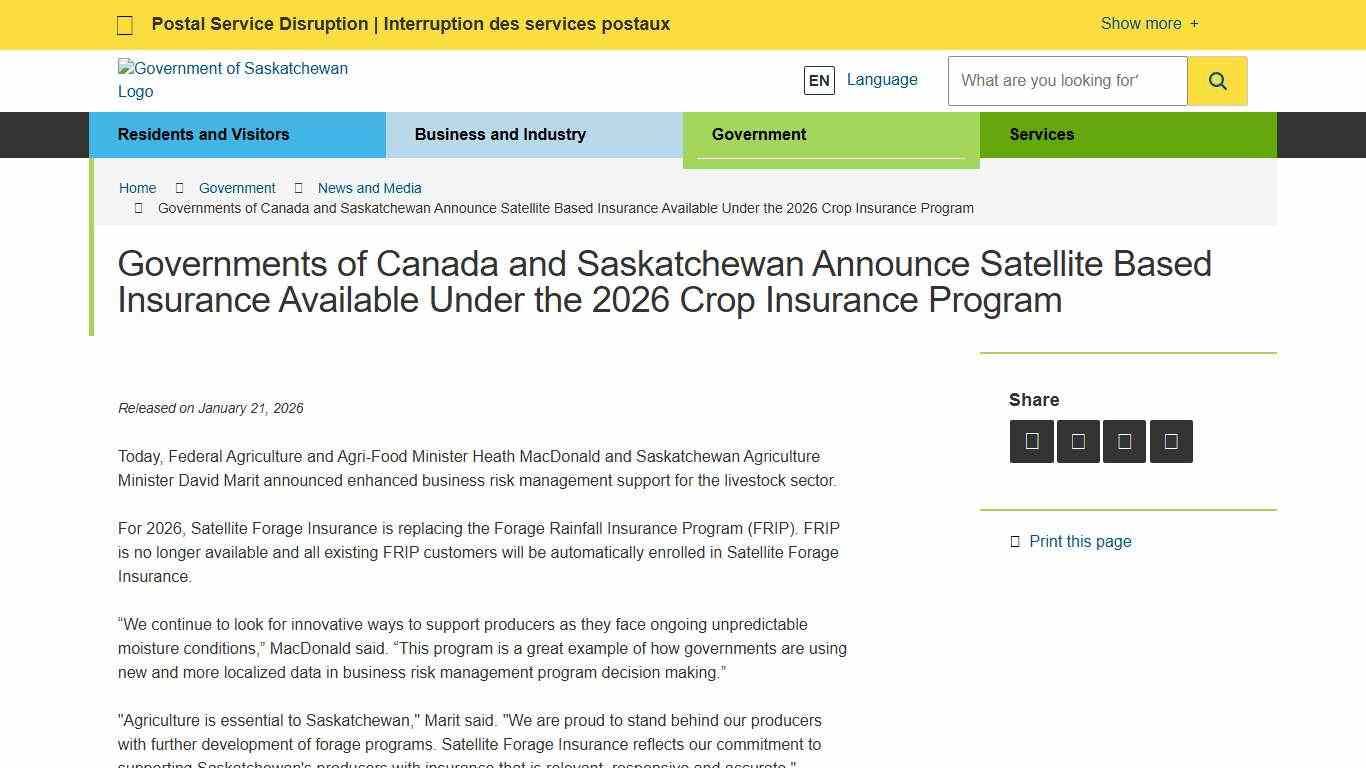 Governments of Canada and Saskatchewan Announce Satellite Based Insurance Available Under the 2026 Crop Insurance Program News and Media Government of Saskatchewan